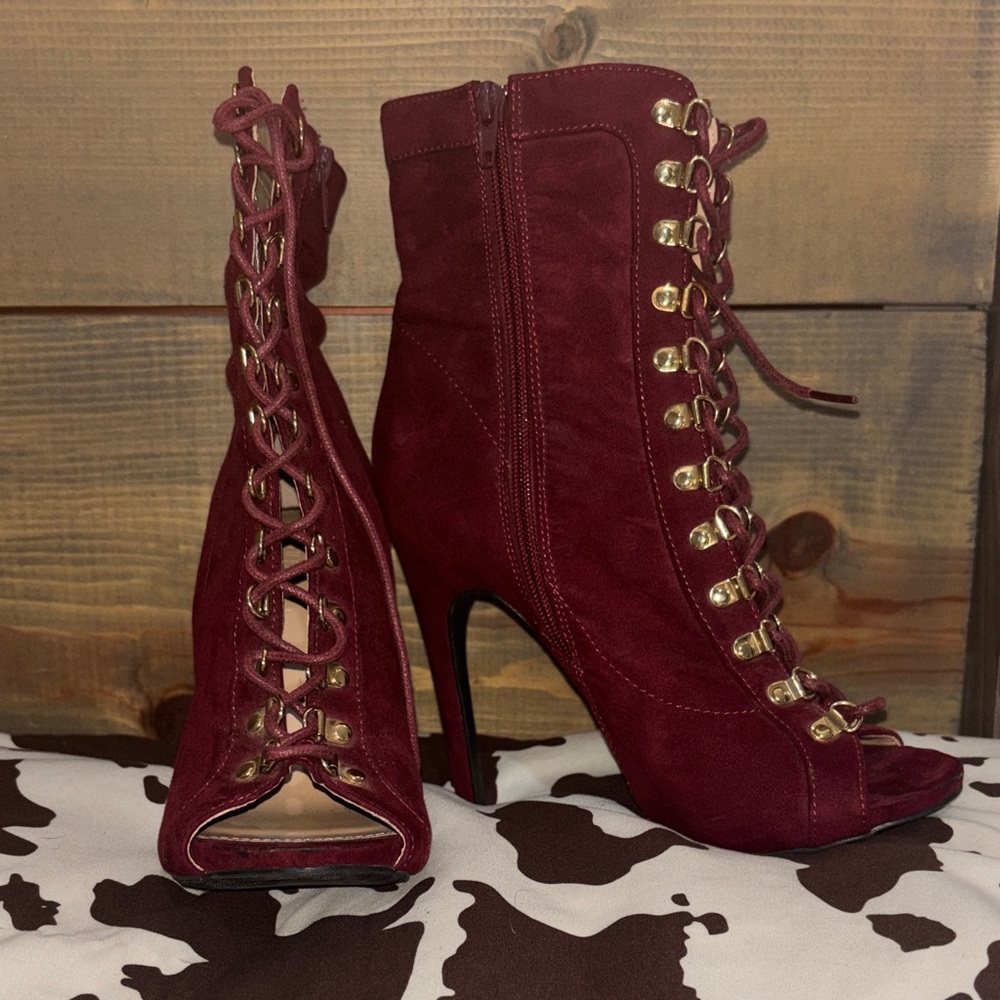 Wild Diva Burgundy Lace-Up Ankle Booties